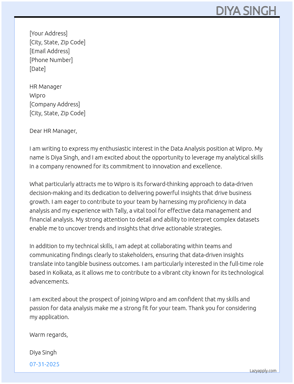 Data analysis  At Wipro Cover Letter