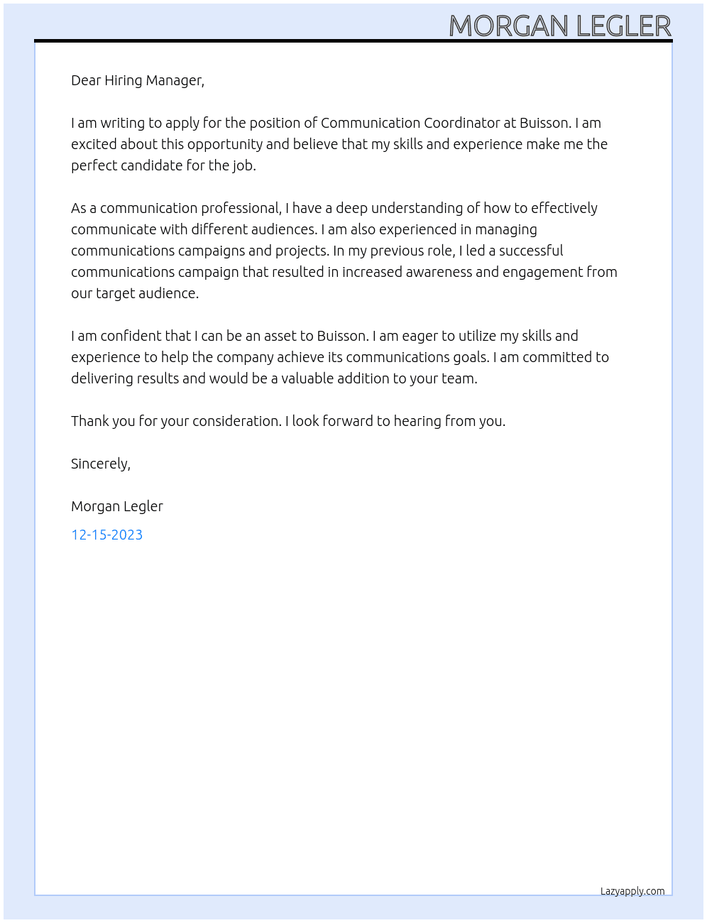 Communication Coordinator At Buisson Cover Letter