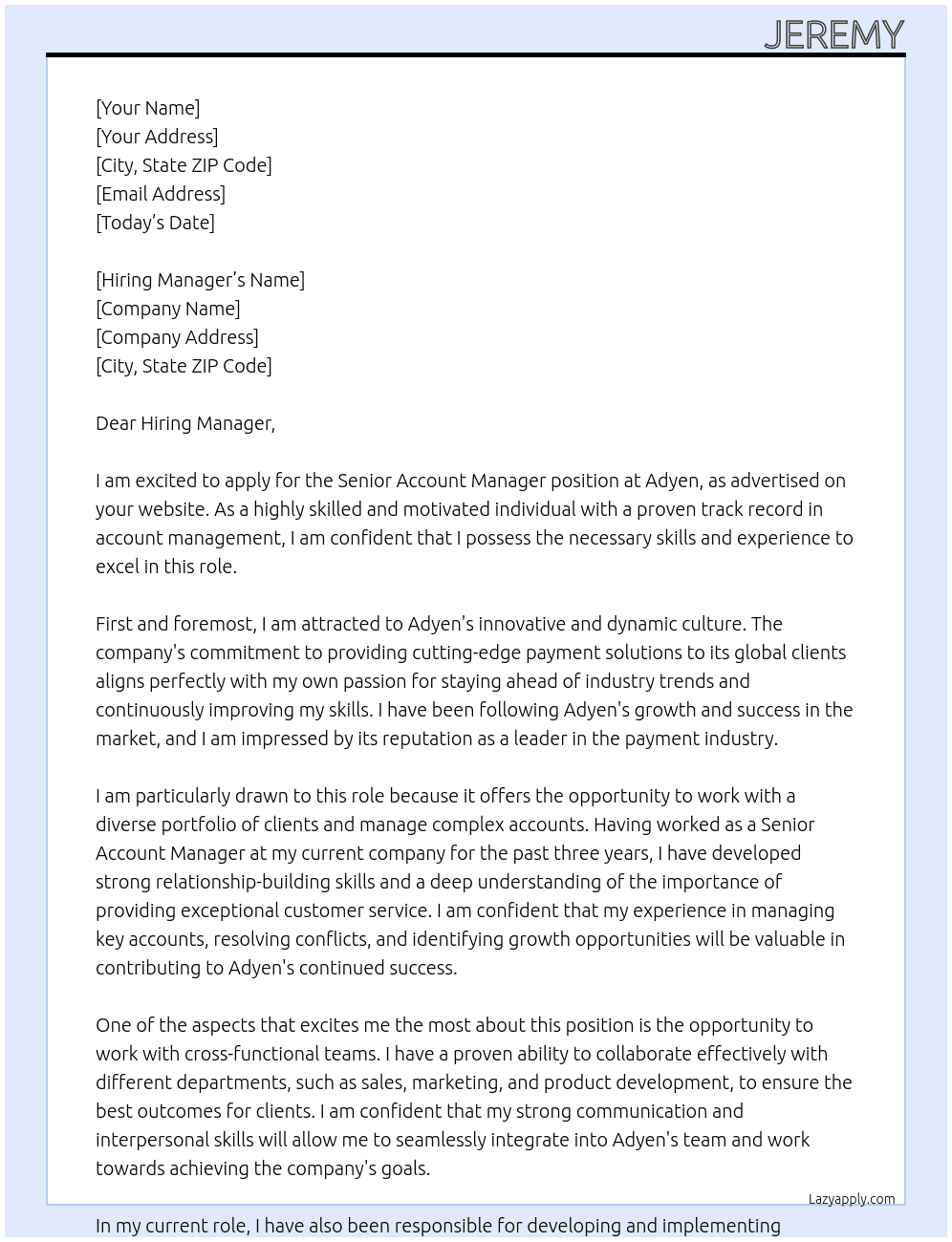 Senior Account Manager At Adyen Cover Letter