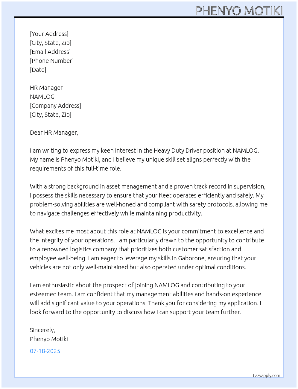Heavy Duty Driver At NAMLOG Cover Letter