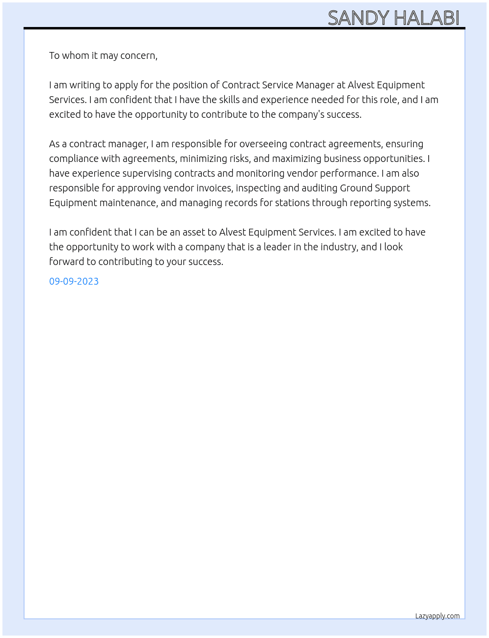 Contract service manager  At Alvest Equipment Services  Cover Letter