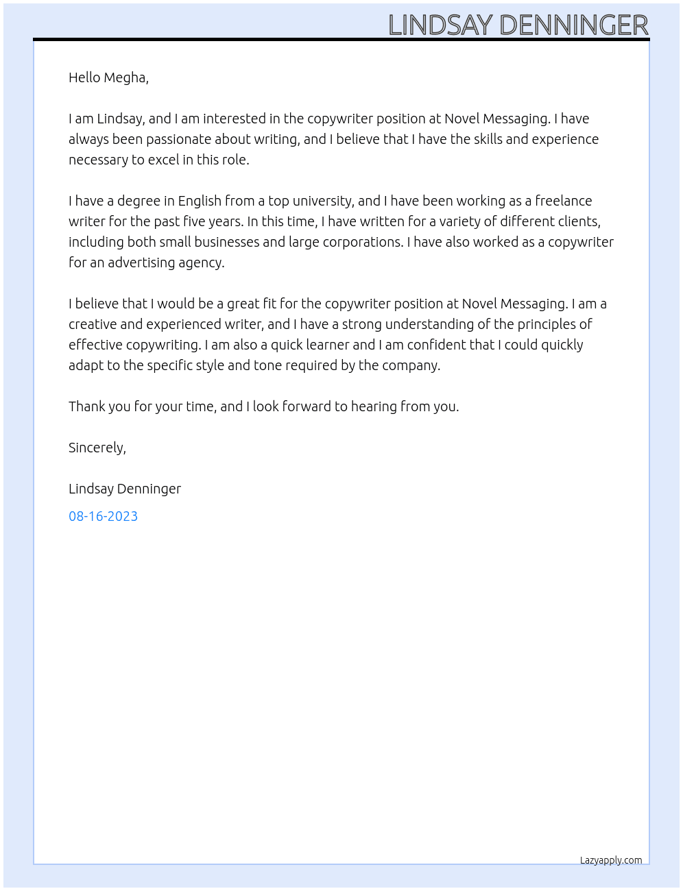 Copywriter At Novel Messaging Cover Letter
