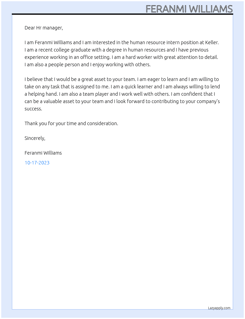 Human resource intern At Keller Cover Letter