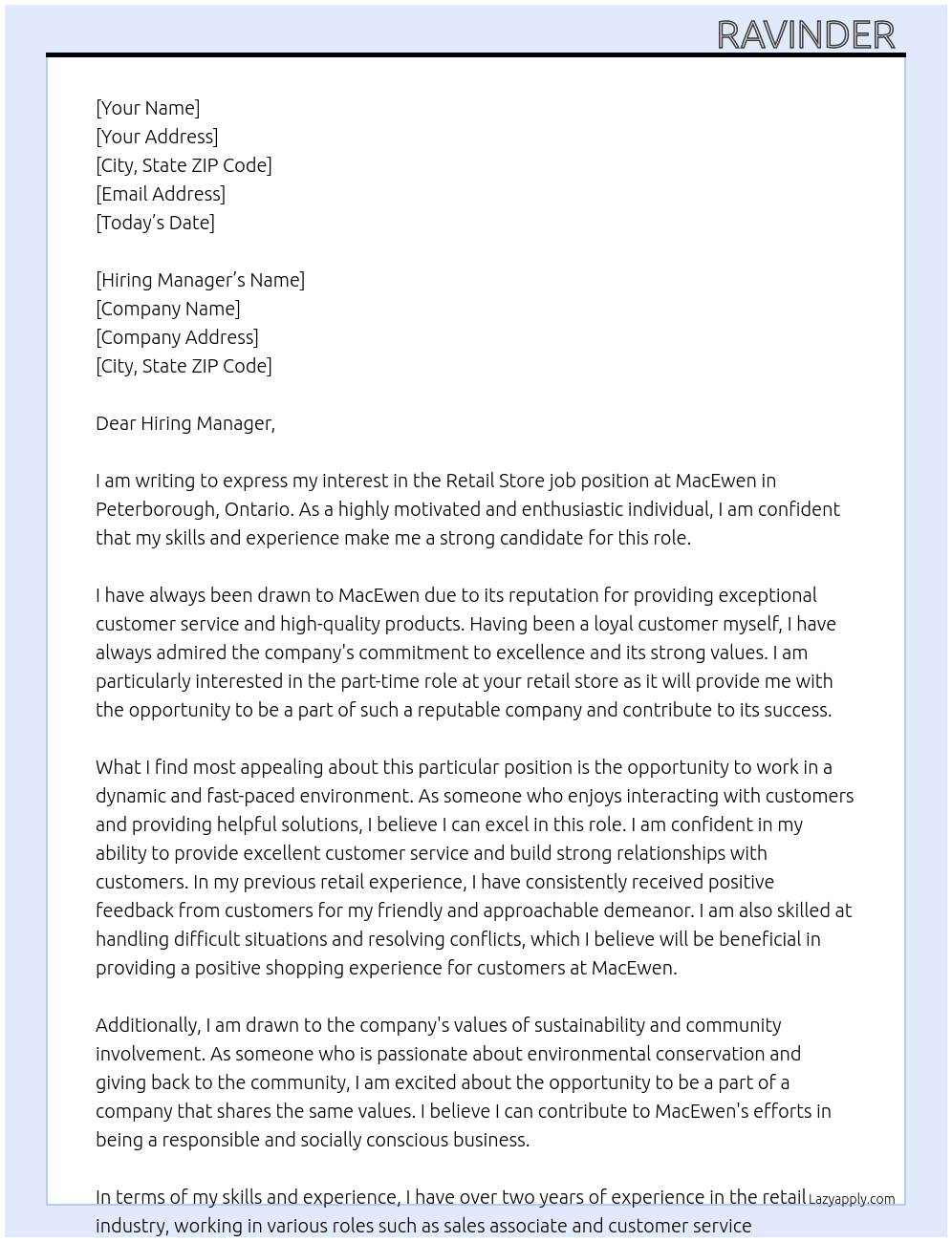 Retail store jobs  At MacEwen  Cover Letter