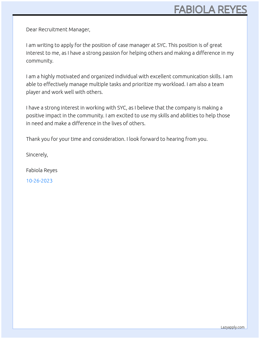 case manager At SYC Cover Letter
