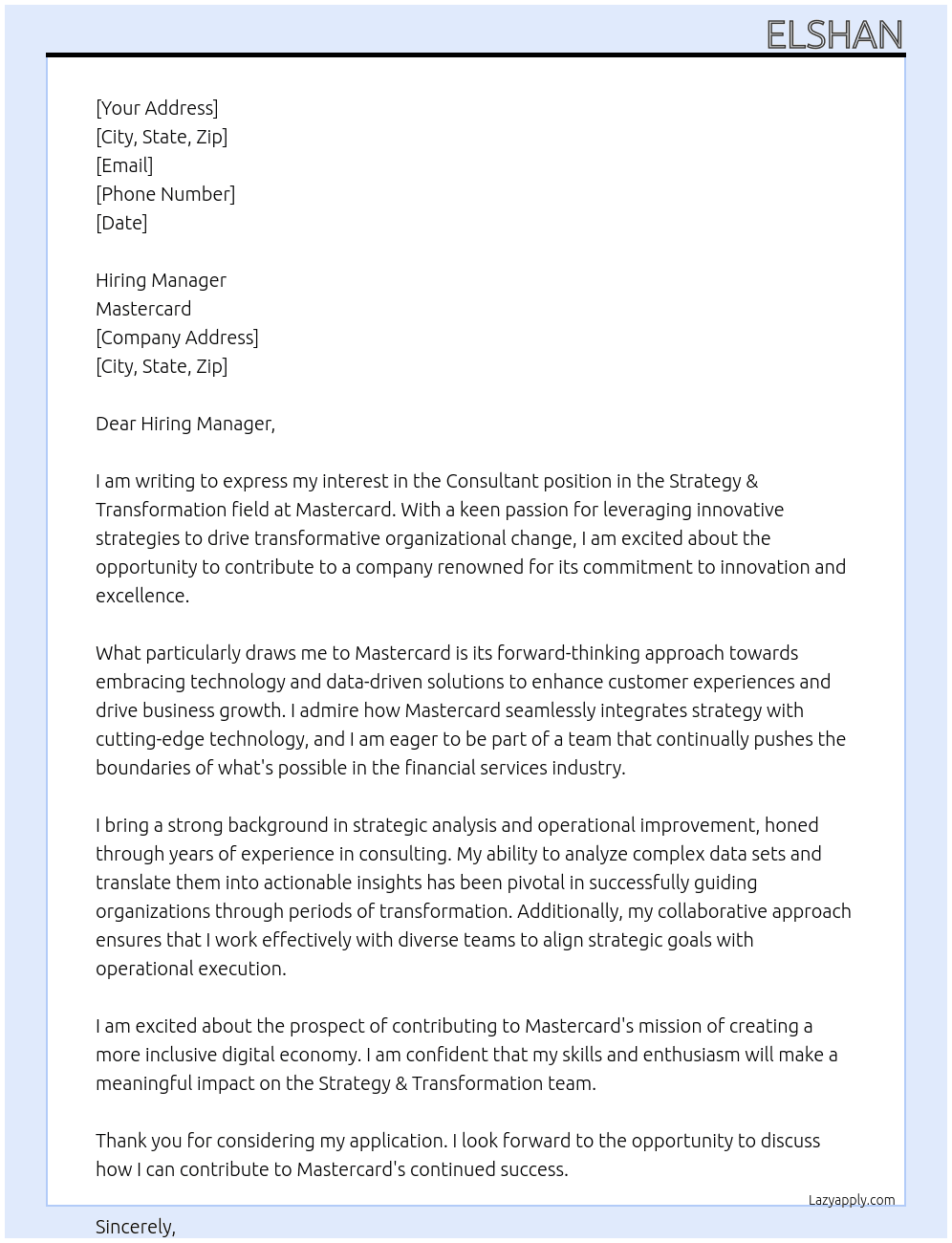 Cover letter for consultant position in strategy&transformation field - LazyApply