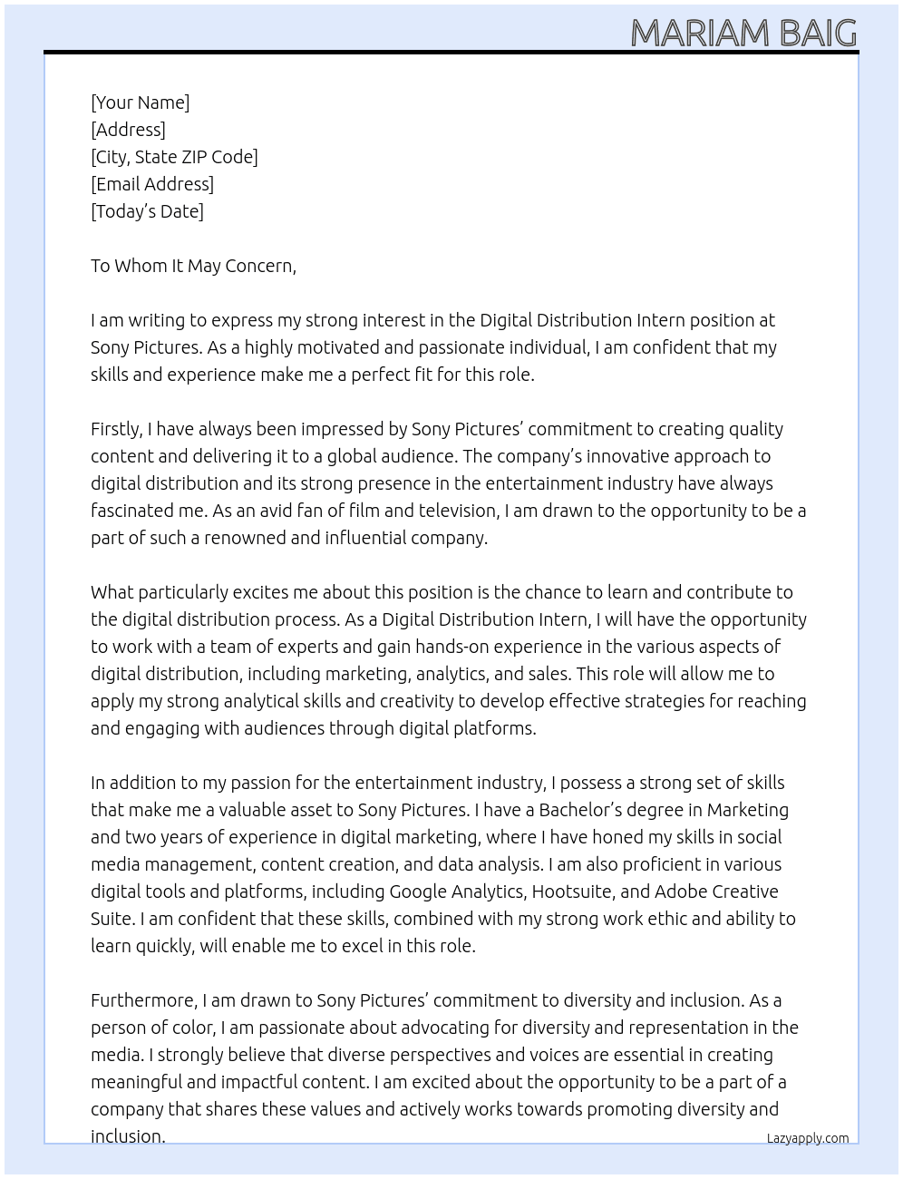 Digital Distribution Intern At Sony Pictures Cover Letter
