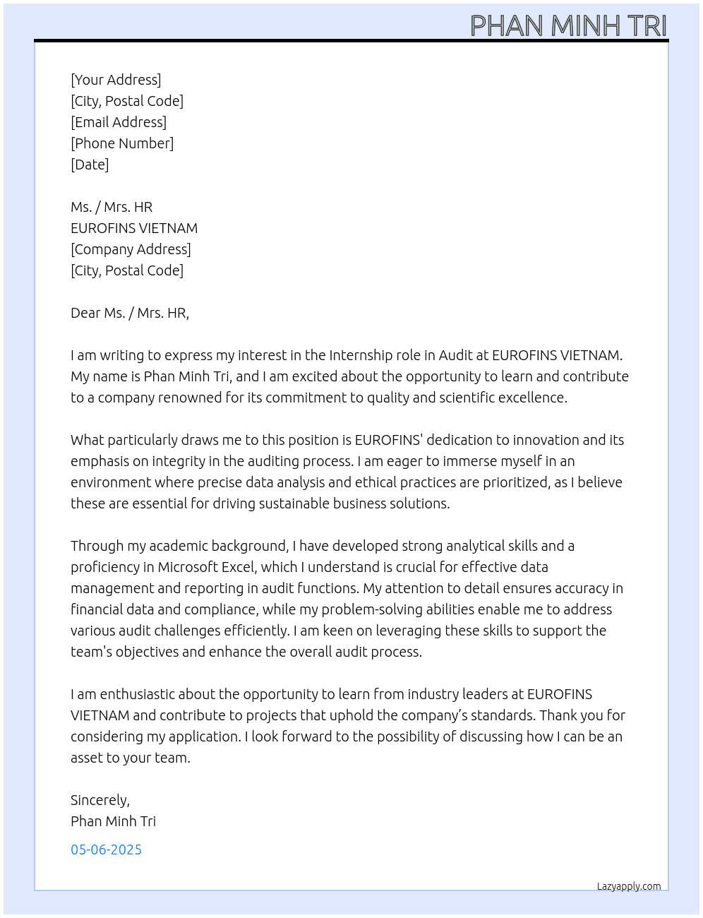 intern audit At 	EUROFINS VIETNAM Cover Letter