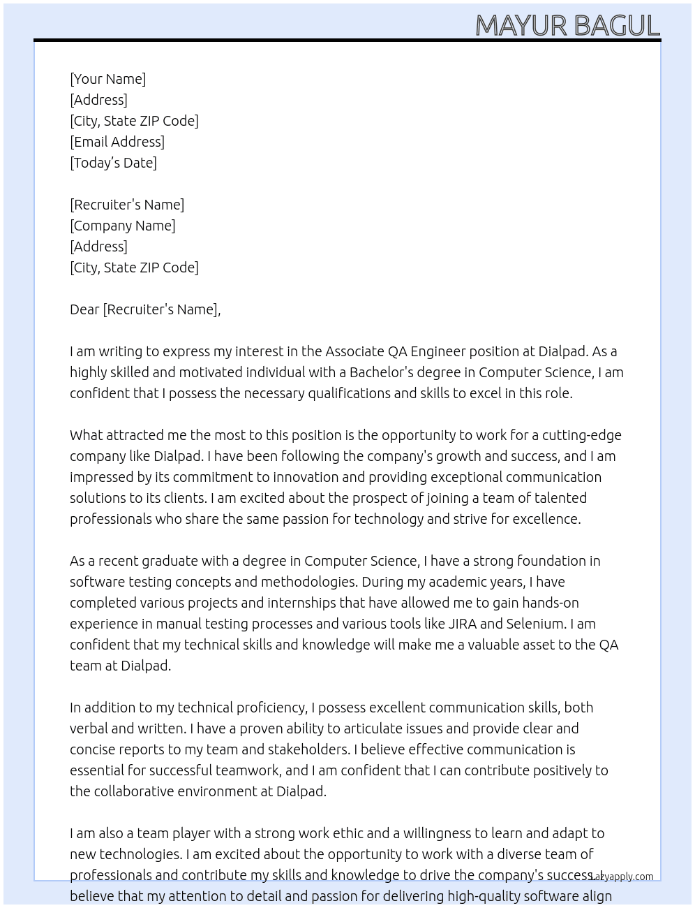 Associate QA Engineer At Dialpad Cover Letter