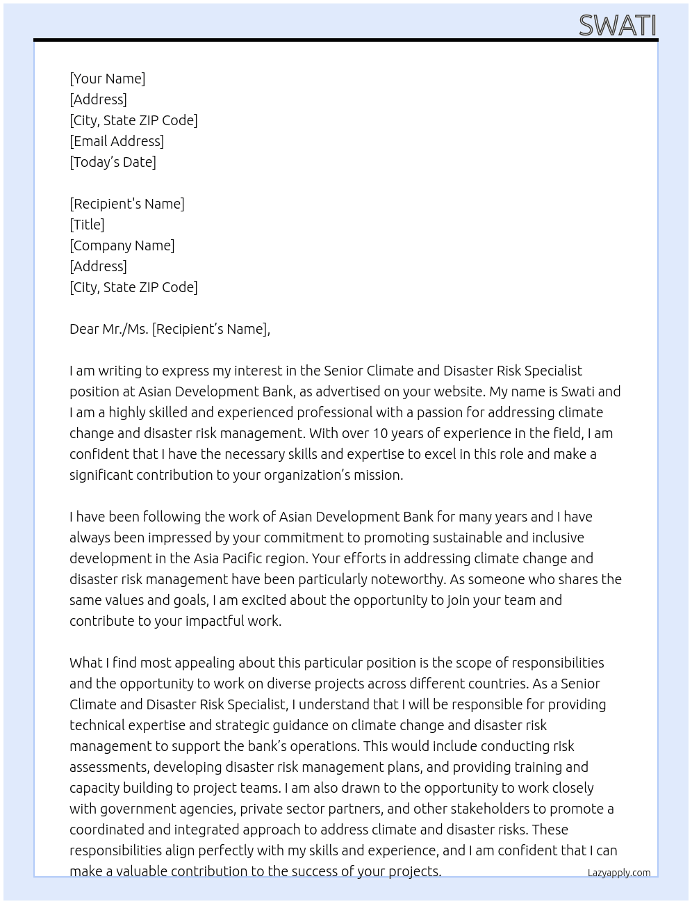 Senior Climate and Disaster Risk Specialist At Asian Development bank Cover Letter