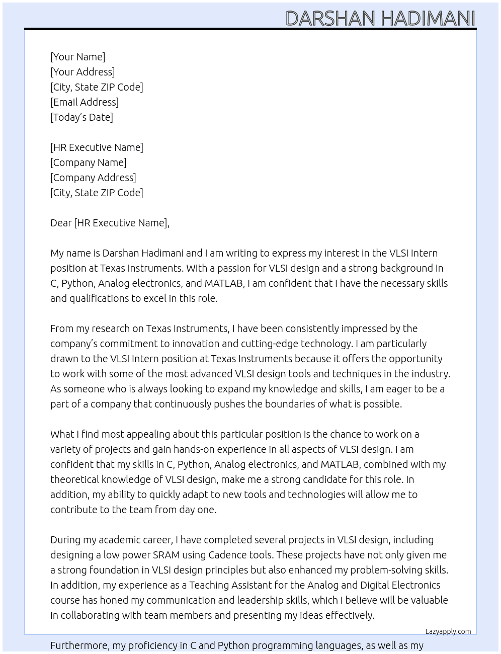 Cover letter for vlsi intern - LazyApply