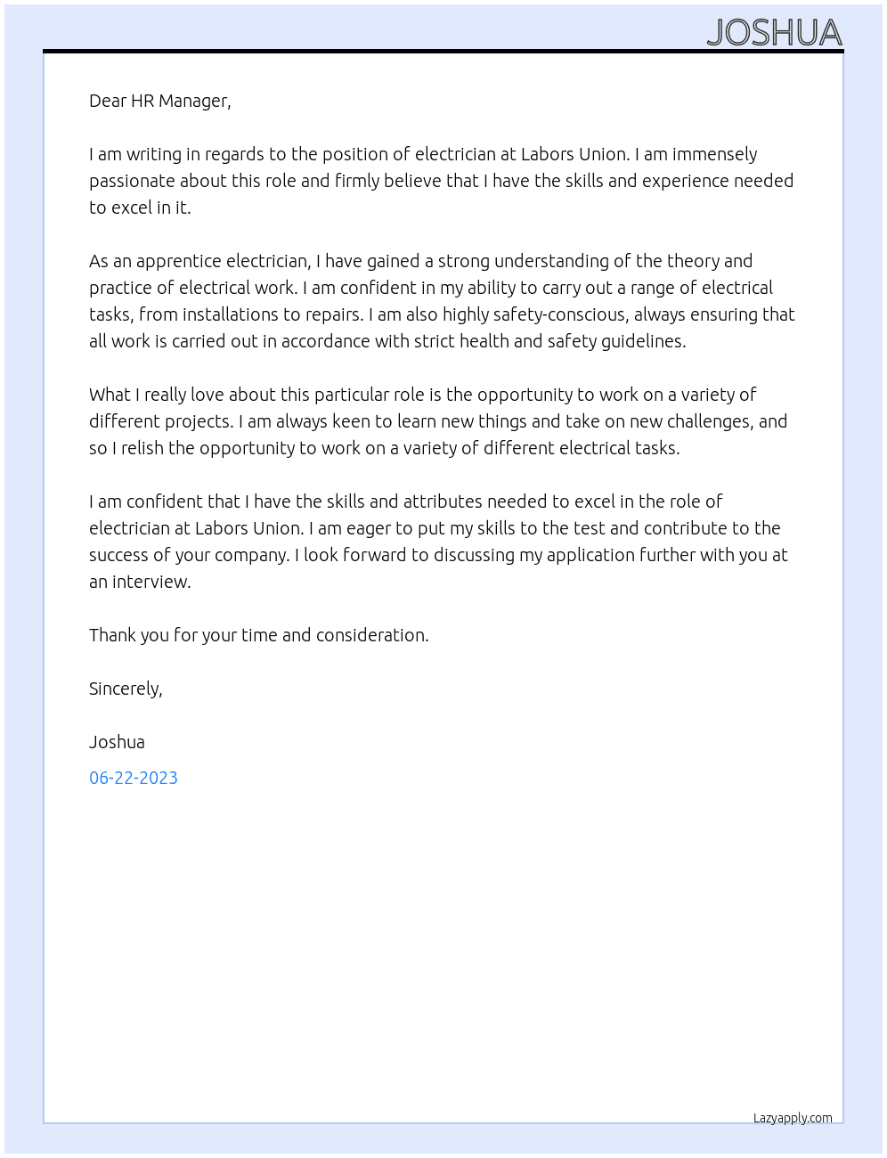 Electrician At Labors Union Cover Letter