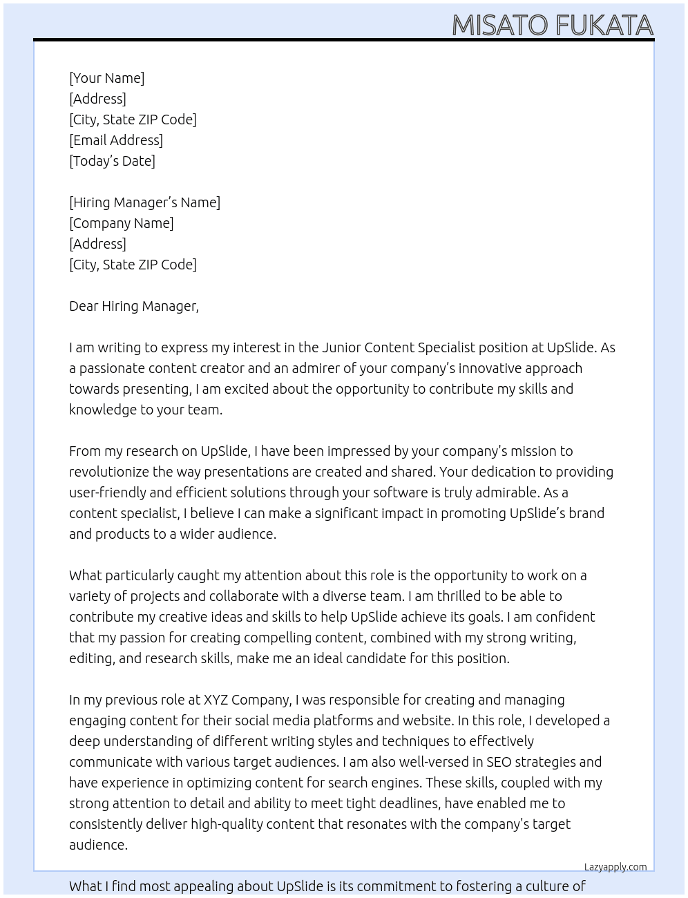 Junior Content Specialist  At UpSlide Cover Letter