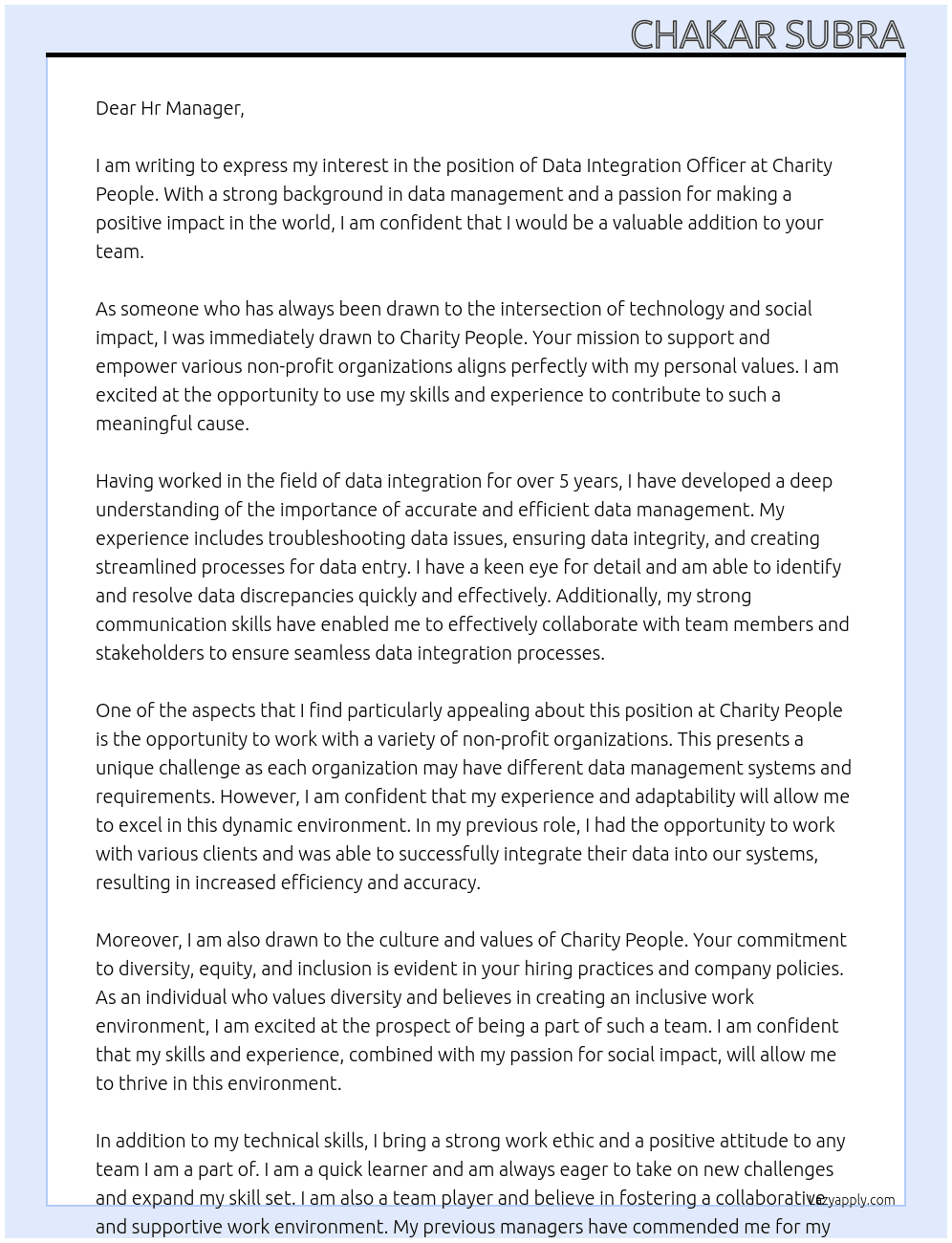Data Integration Officer At Charity People Cover Letter