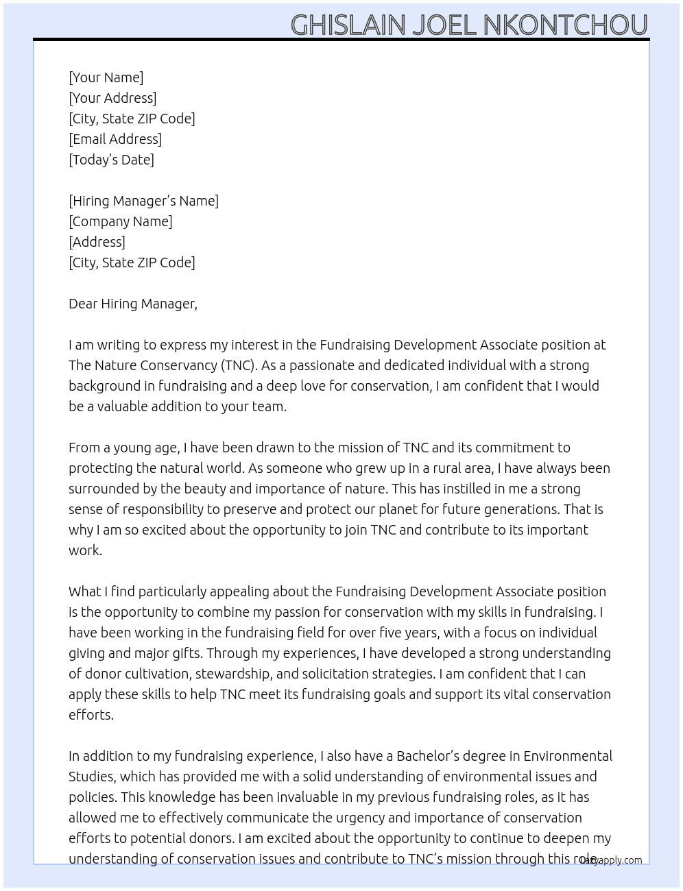 Fundraising Development Associate At The Nature Conservancy (TNC) Cover Letter