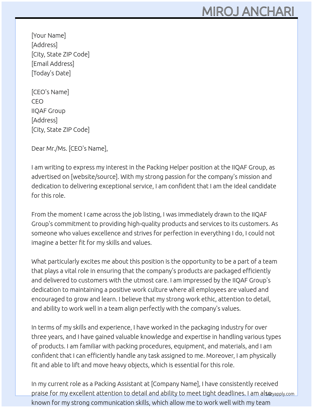 Packing Helper At IIQAF group  Cover Letter