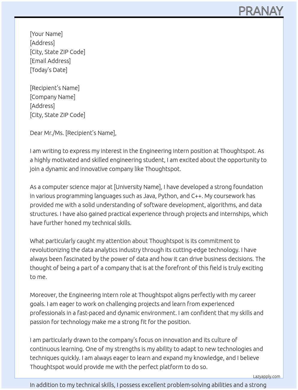  Engineering Intern At Thoughtspot Cover Letter