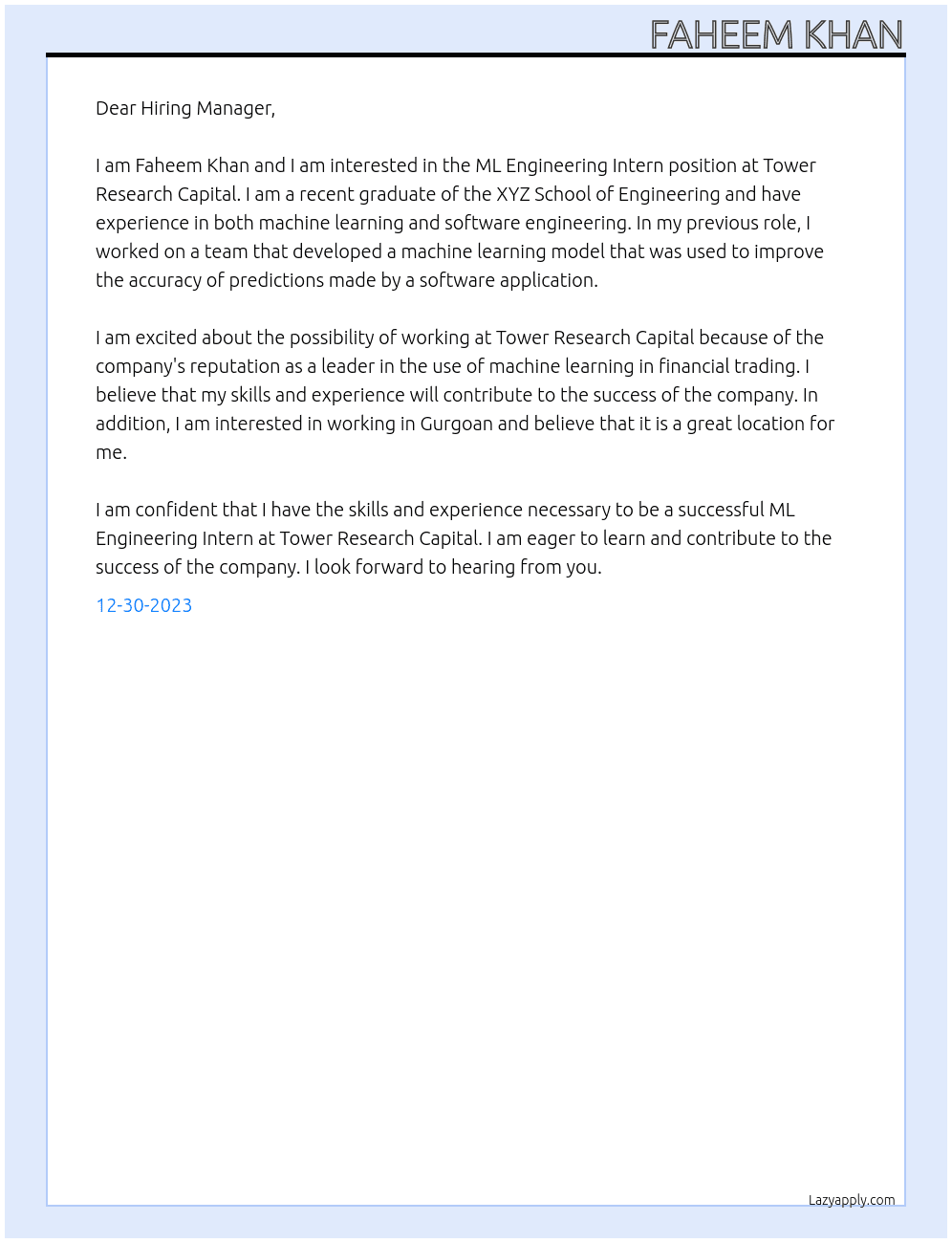 ML Engineering Intern At Tower Research Capital Cover Letter