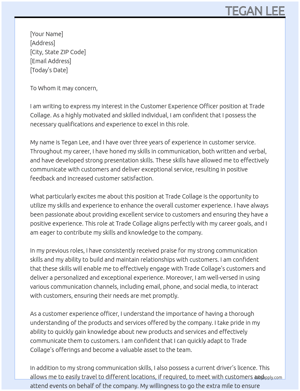 Customer experience officer At Trade Collage  Cover Letter