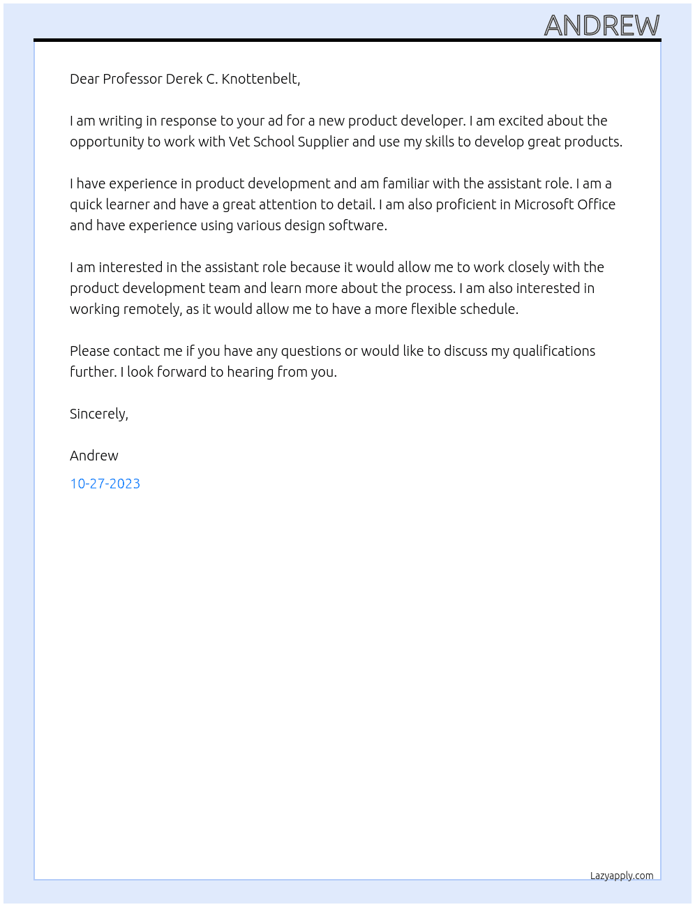 New productor developer At Vet School Supplier Cover Letter