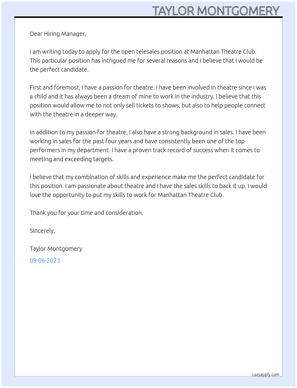 Telesales  At Manhattan Theatre Club Cover Letter