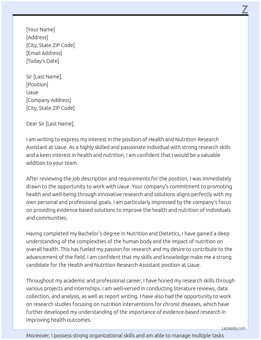 Health and nutrition research assistant  At Uaue Cover Letter