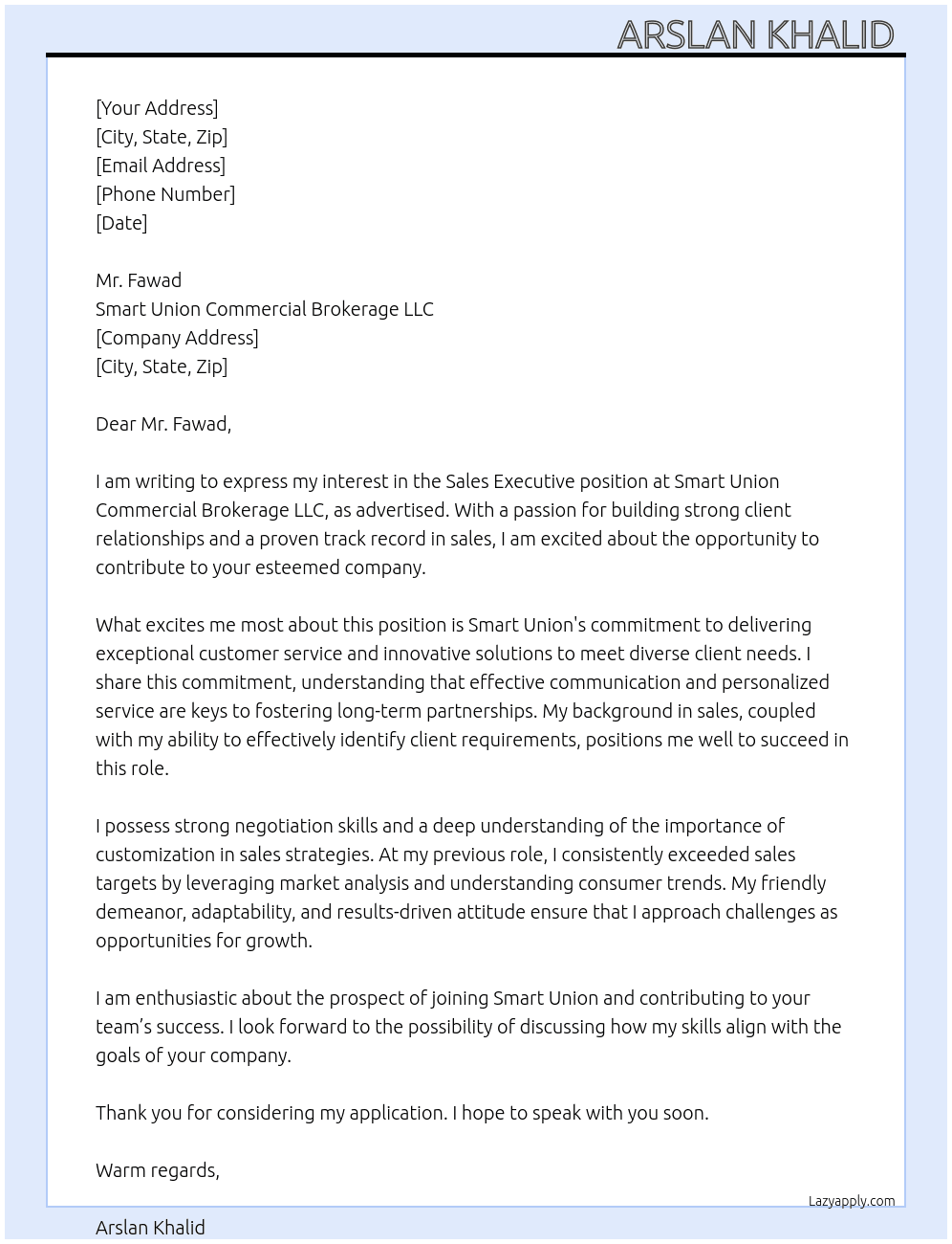 Sales Executive  At Smart union commercial brokerage llc  Cover Letter