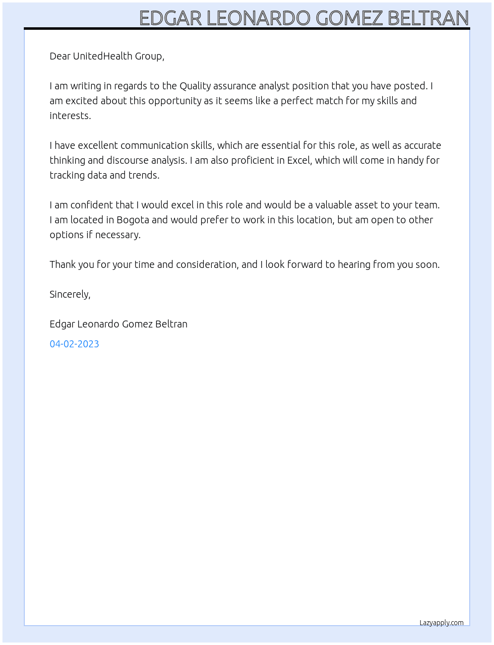 Quality assurance analyst At UnitedHealth Group Cover Letter