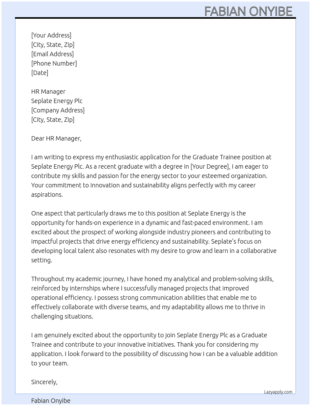 Graduate trainee  At Seplate energy plc Cover Letter