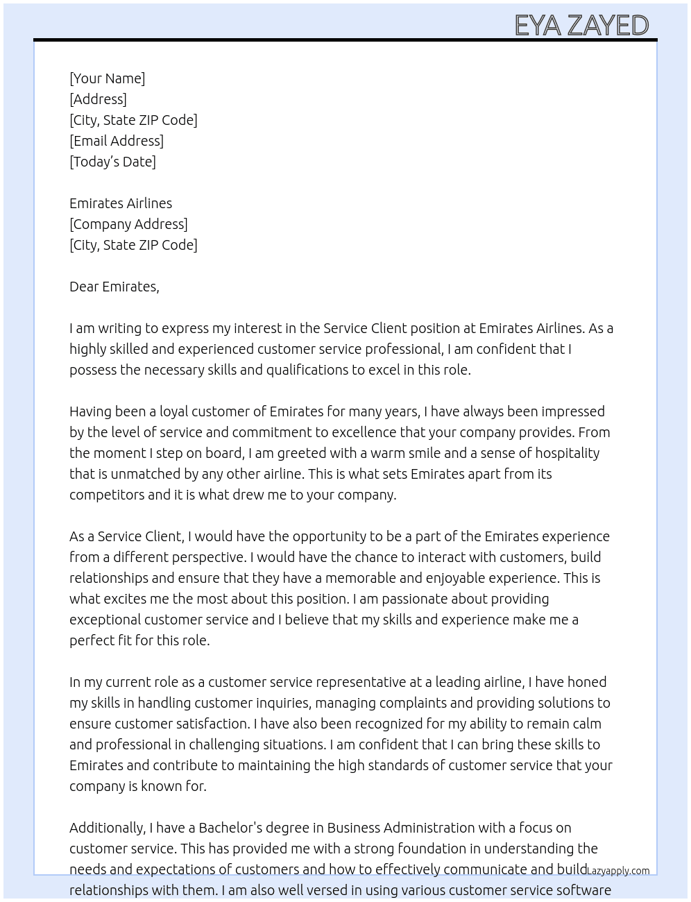 Service client  At Airlines Emirates  Cover Letter