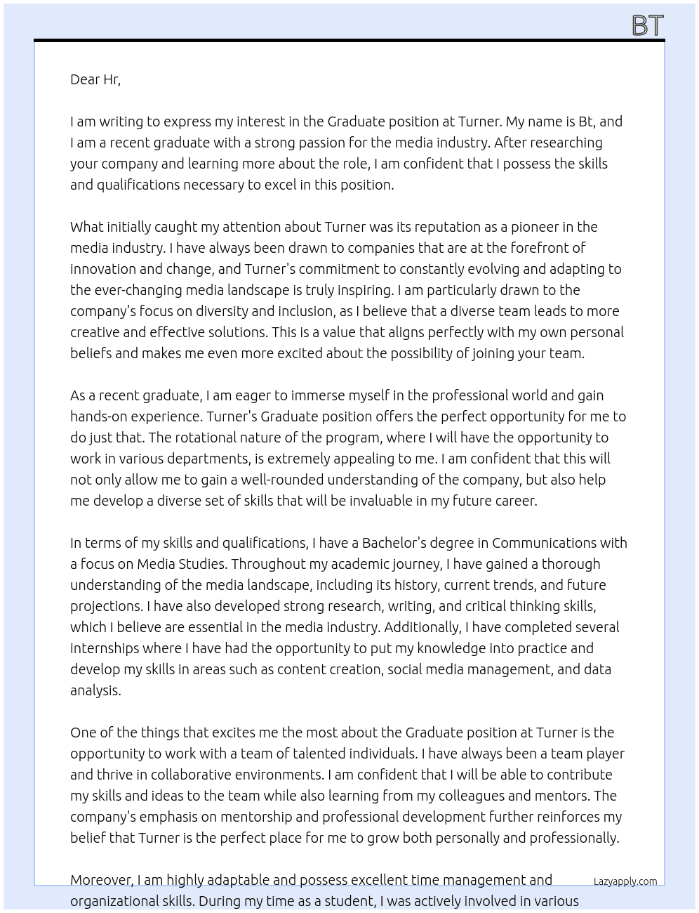 Graduate At Turner Cover Letter