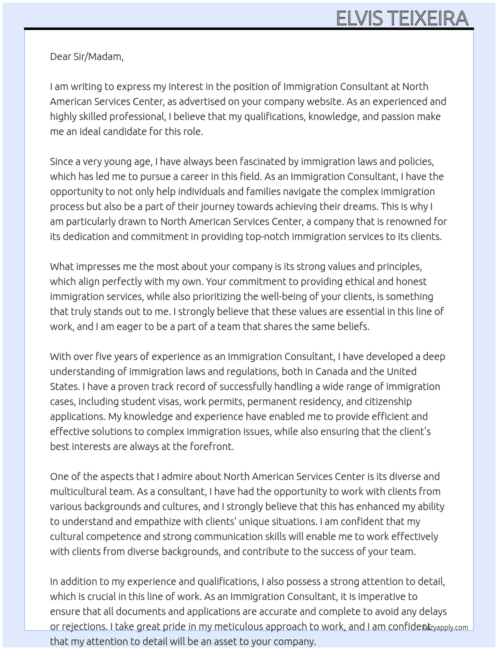 Immigration consultant  At North American Services Center Cover Letter
