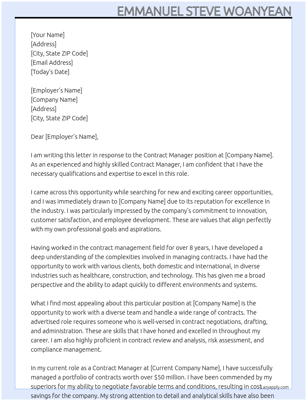 Contract manager At Unknown Cover Letter