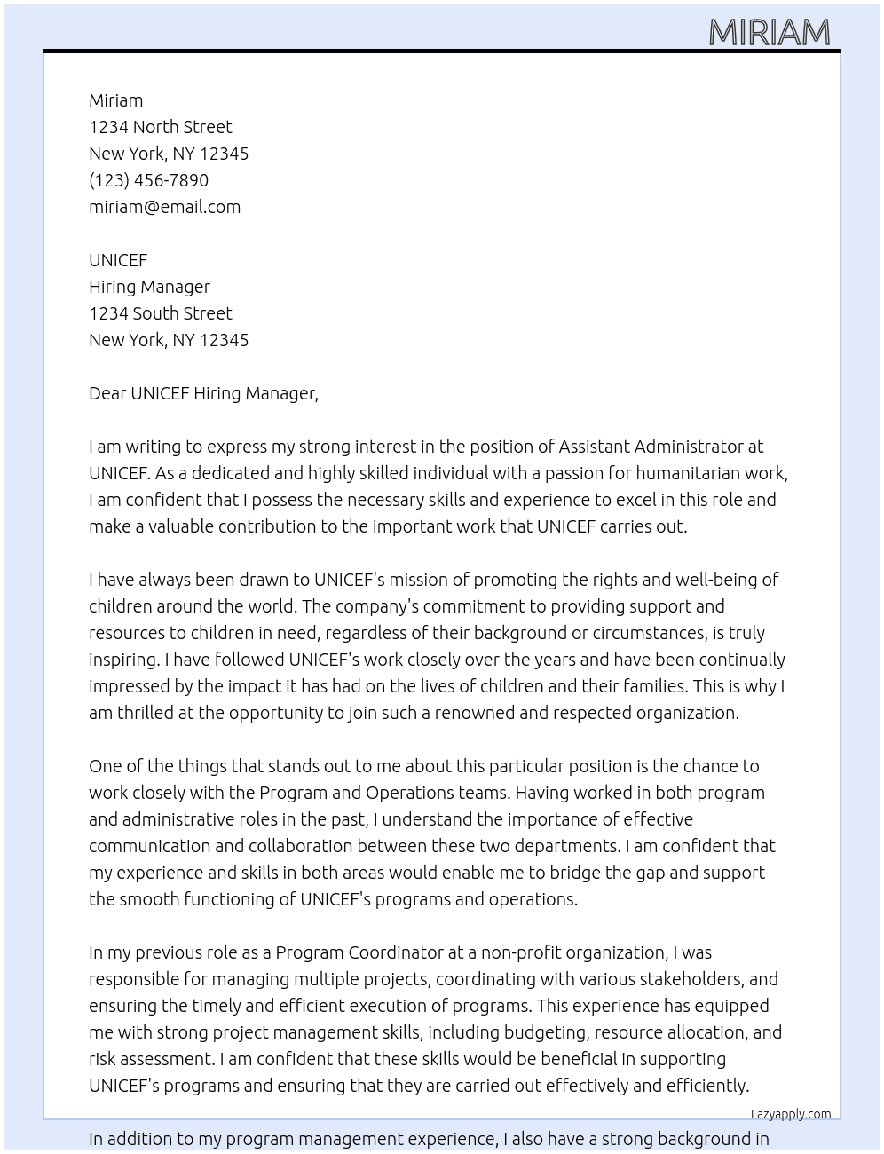 Assistant Administrator  At Unicef Cover Letter
