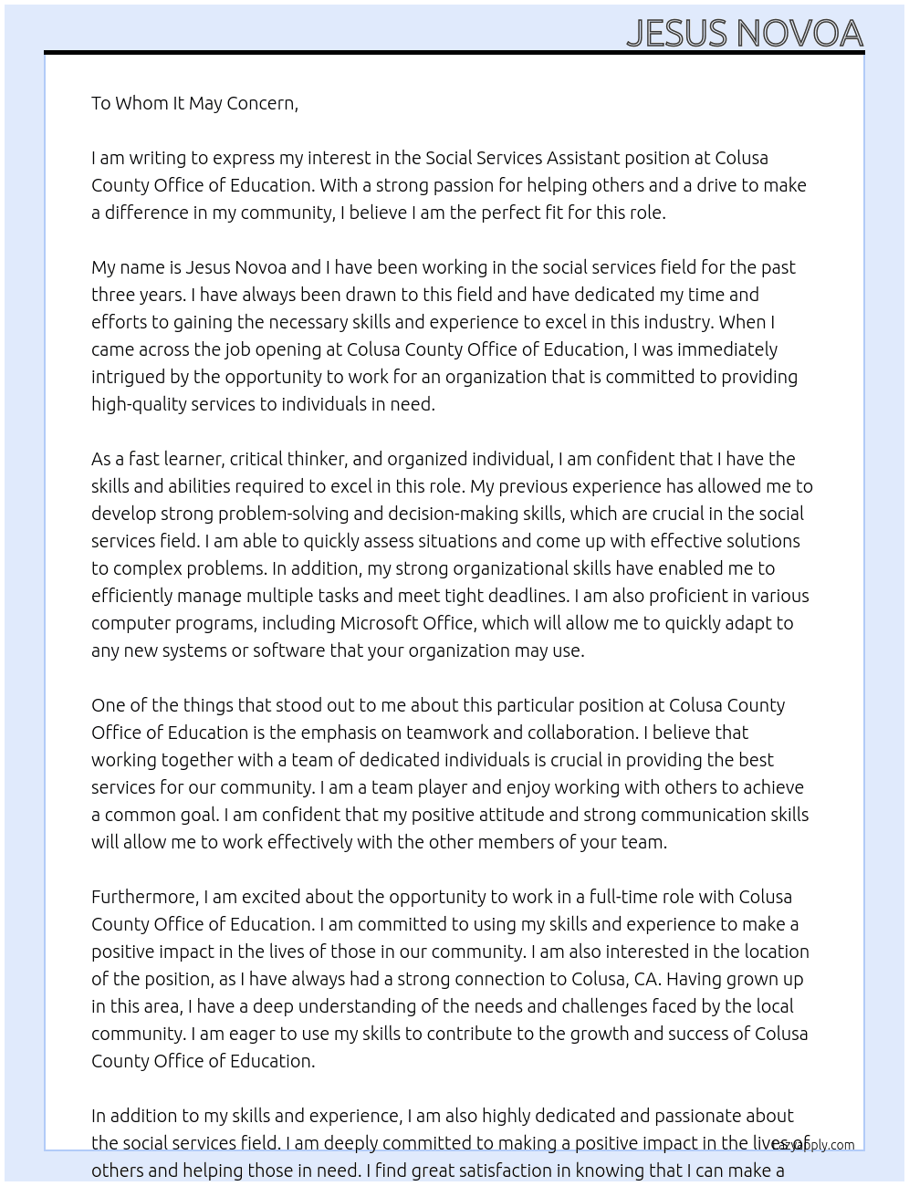 Social Services Assistant  At Colusa County Office of Education  Cover Letter