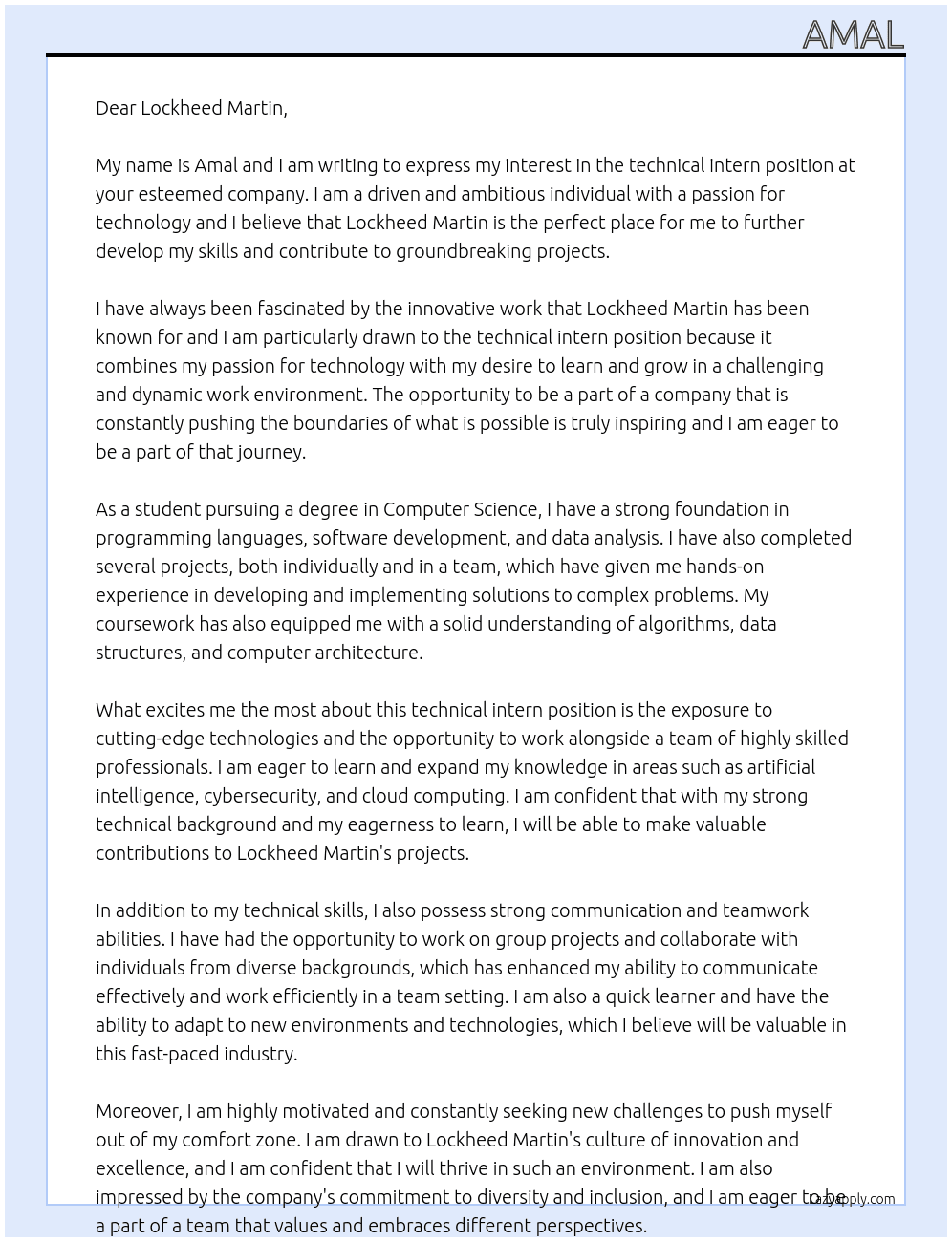 technical intern At Lockheed Martin Cover Letter