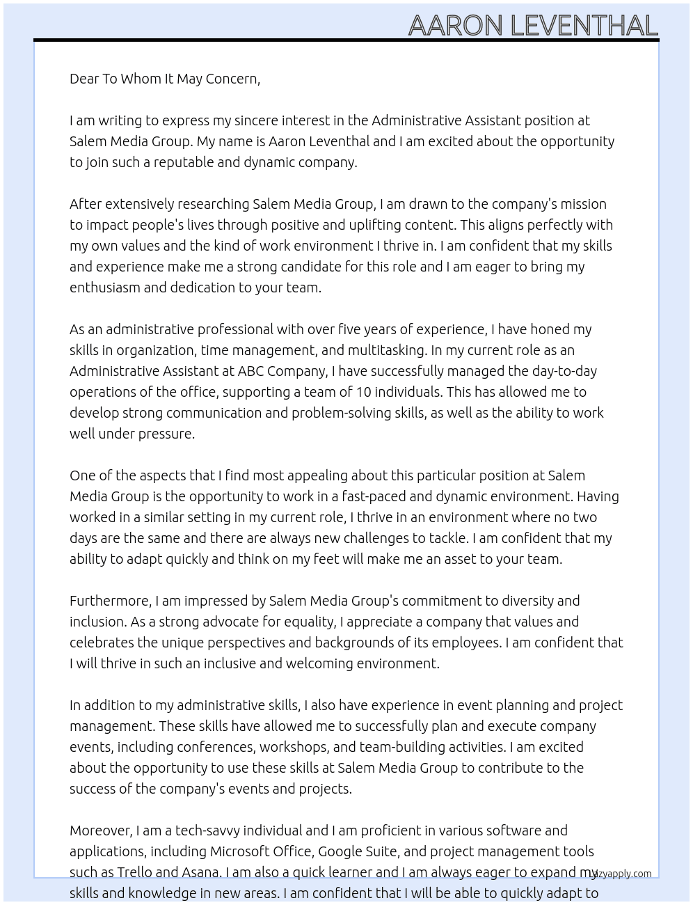 Administrative Assistant At Salem Media Group Cover Letter