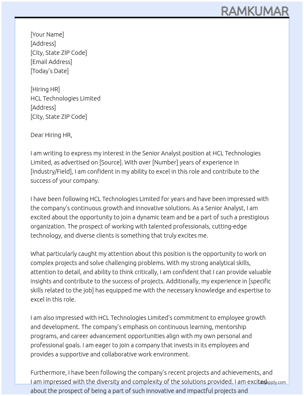 Senior Analyst At HCL Technologies Limited Cover Letter