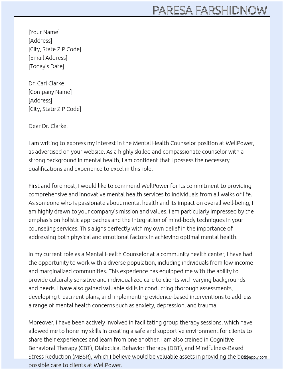 Mental Health Counselor  At WellPower Cover Letter