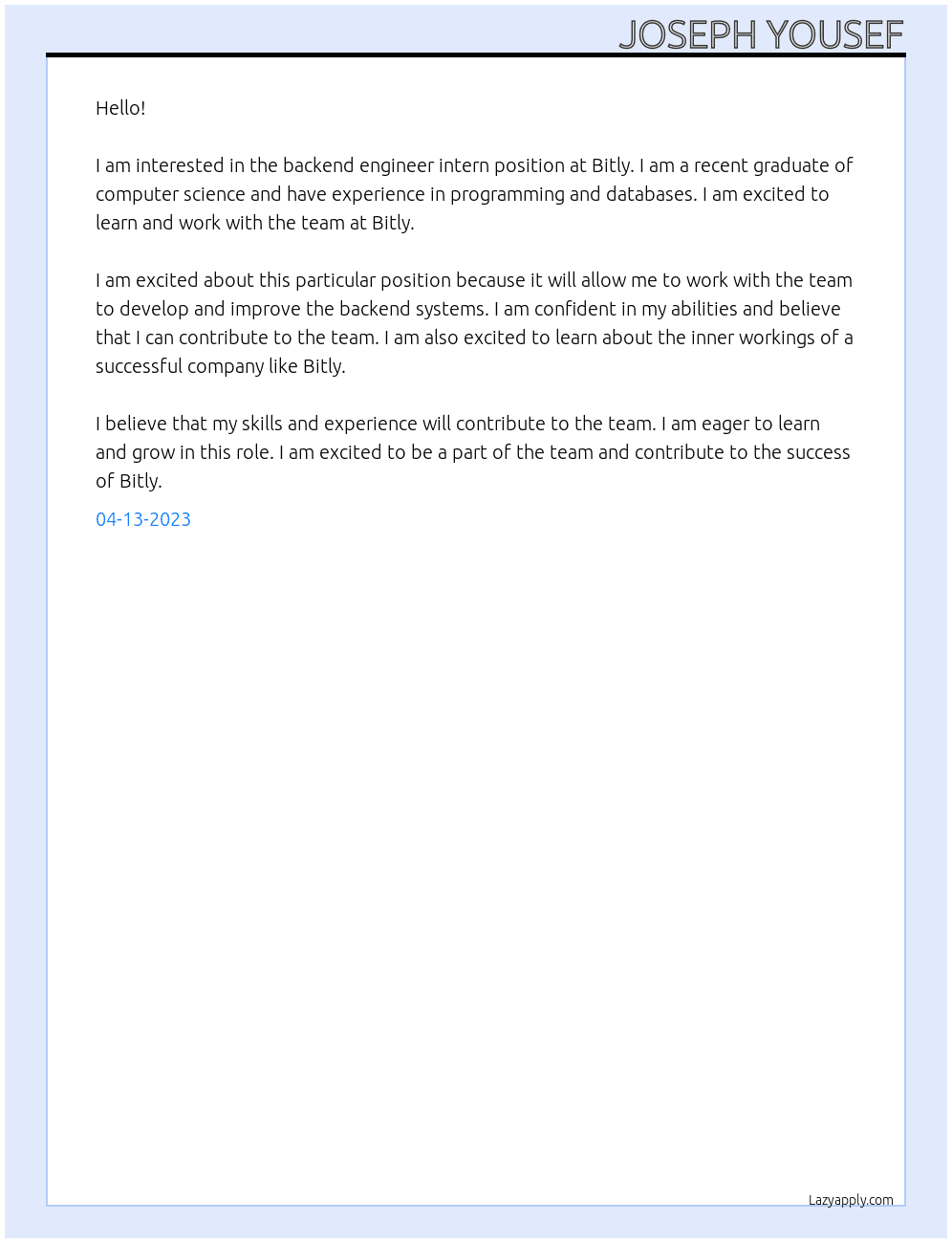 Backend Engineer Intern At Bitly Cover Letter