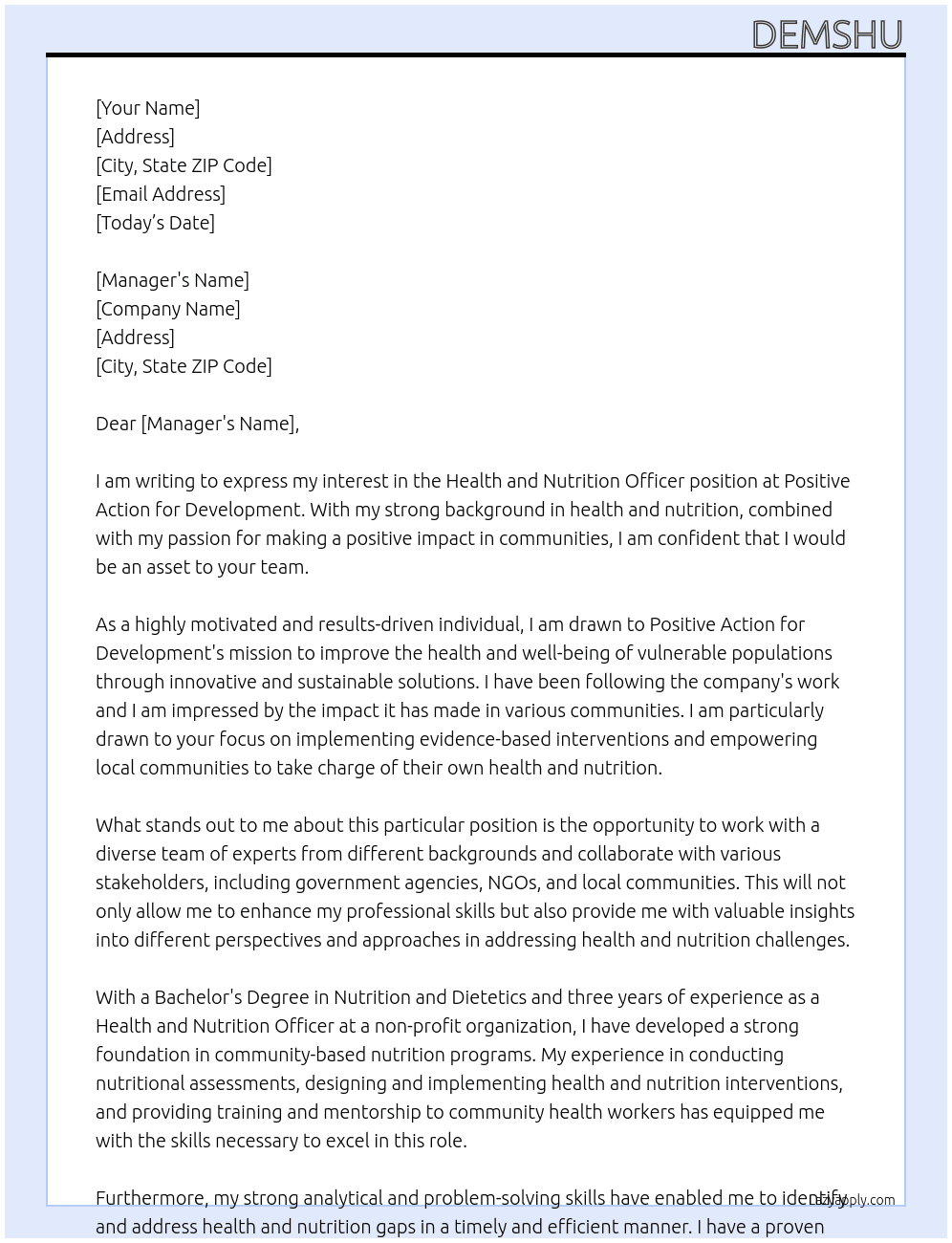 Health and nutrition officer At Positive action for development  Cover Letter