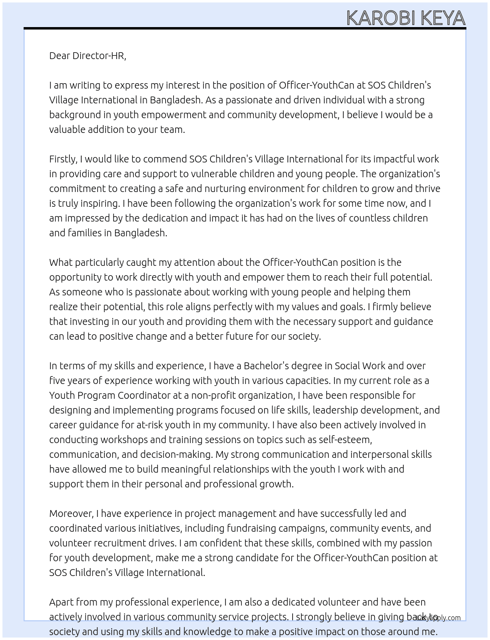 Officer-YothCan At SOS Children's Village International in Bangladesh Cover Letter