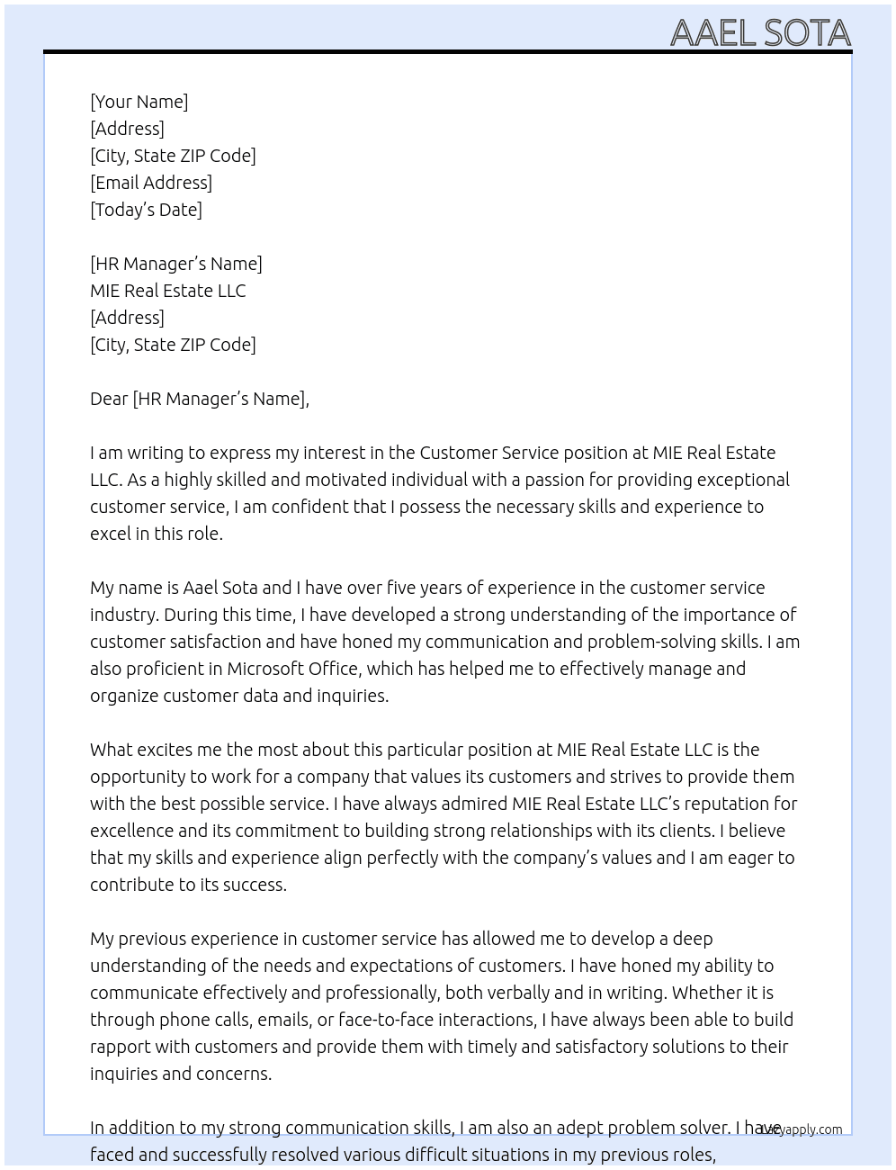 Customer Service At MIE Real Estate LLC Cover Letter