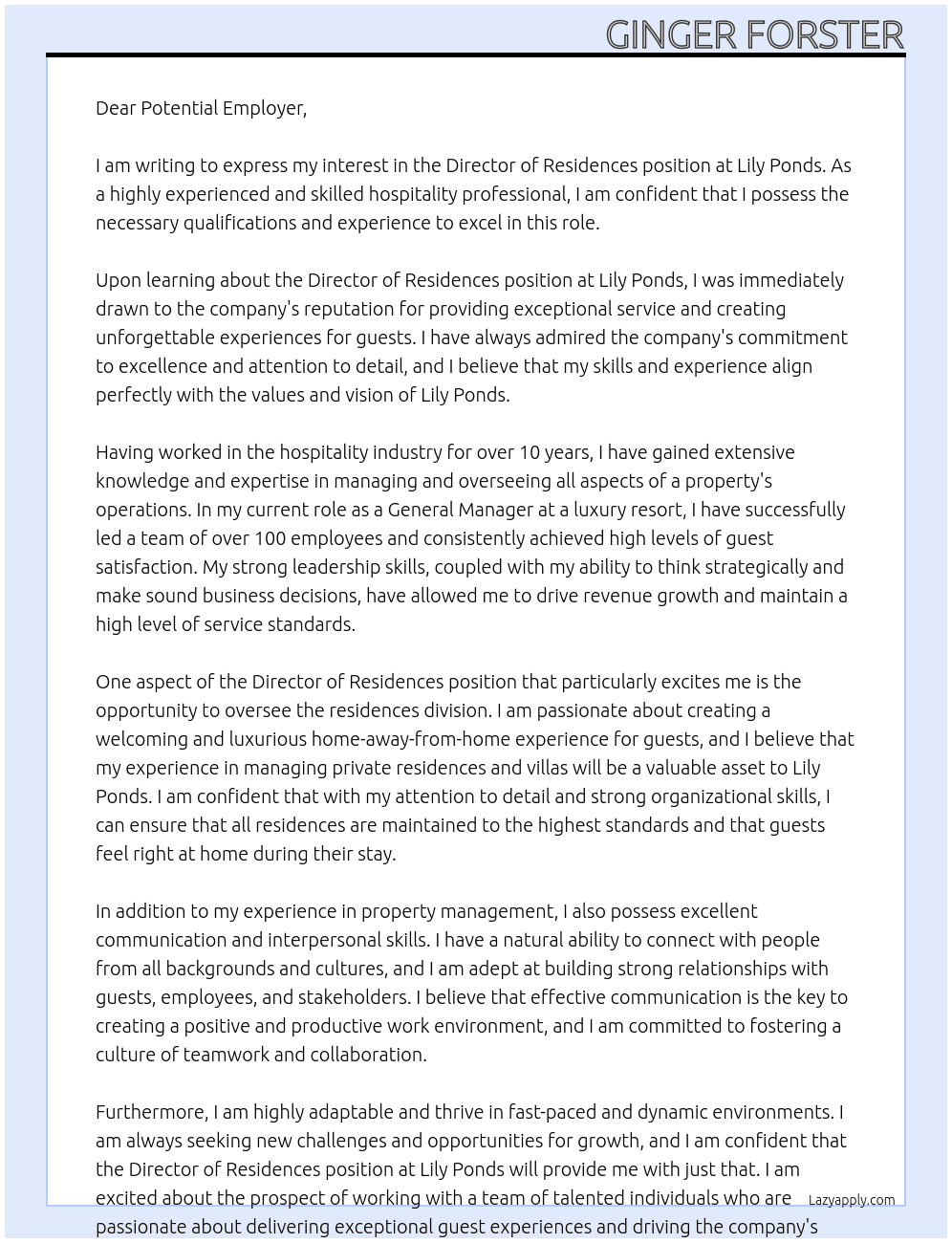 director-of-residences At Lily Ponds Cover Letter
