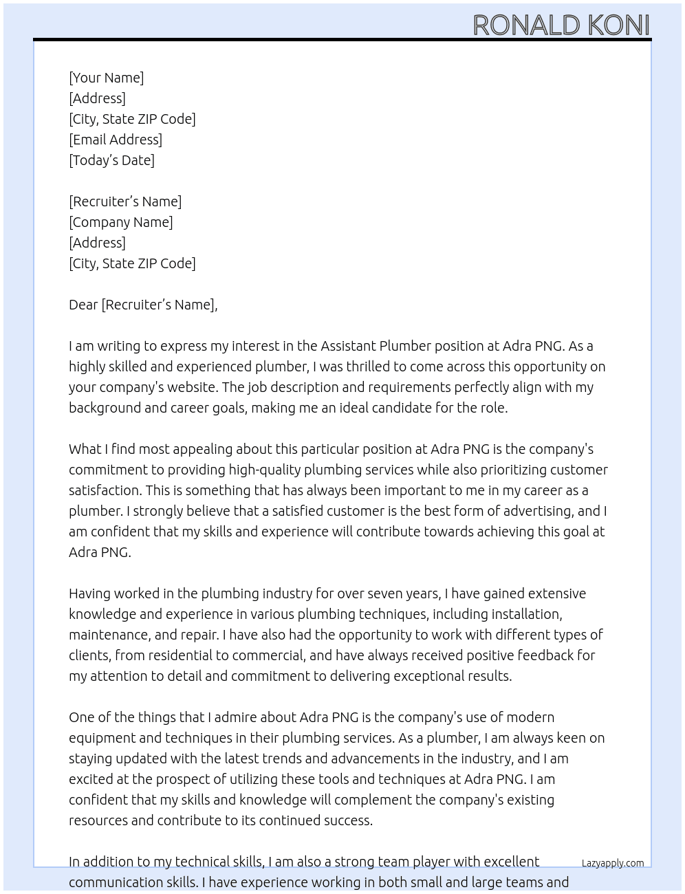 Assistant plumber At Adra PNG Cover Letter