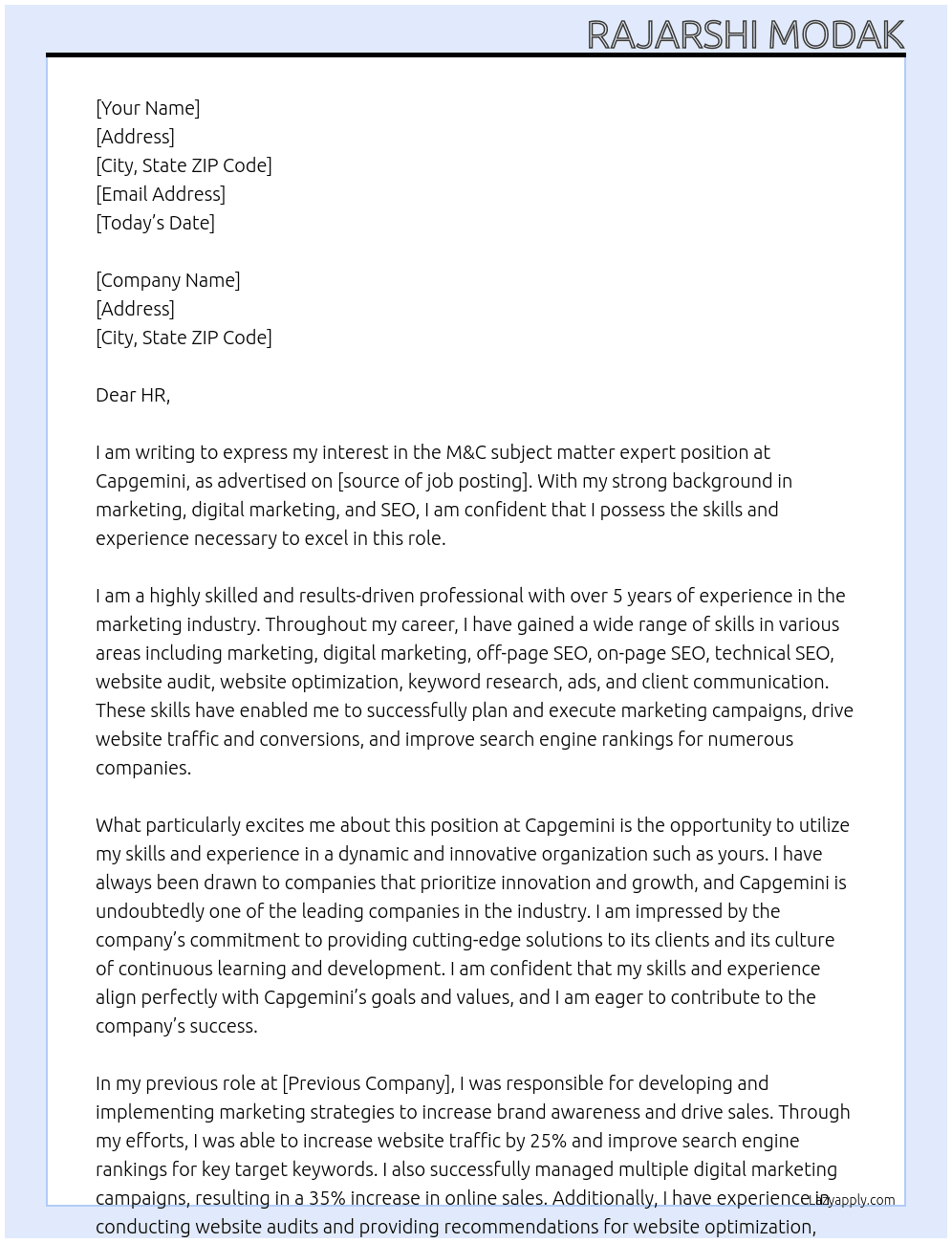 Cover letter for m&c subject matter expert - LazyApply