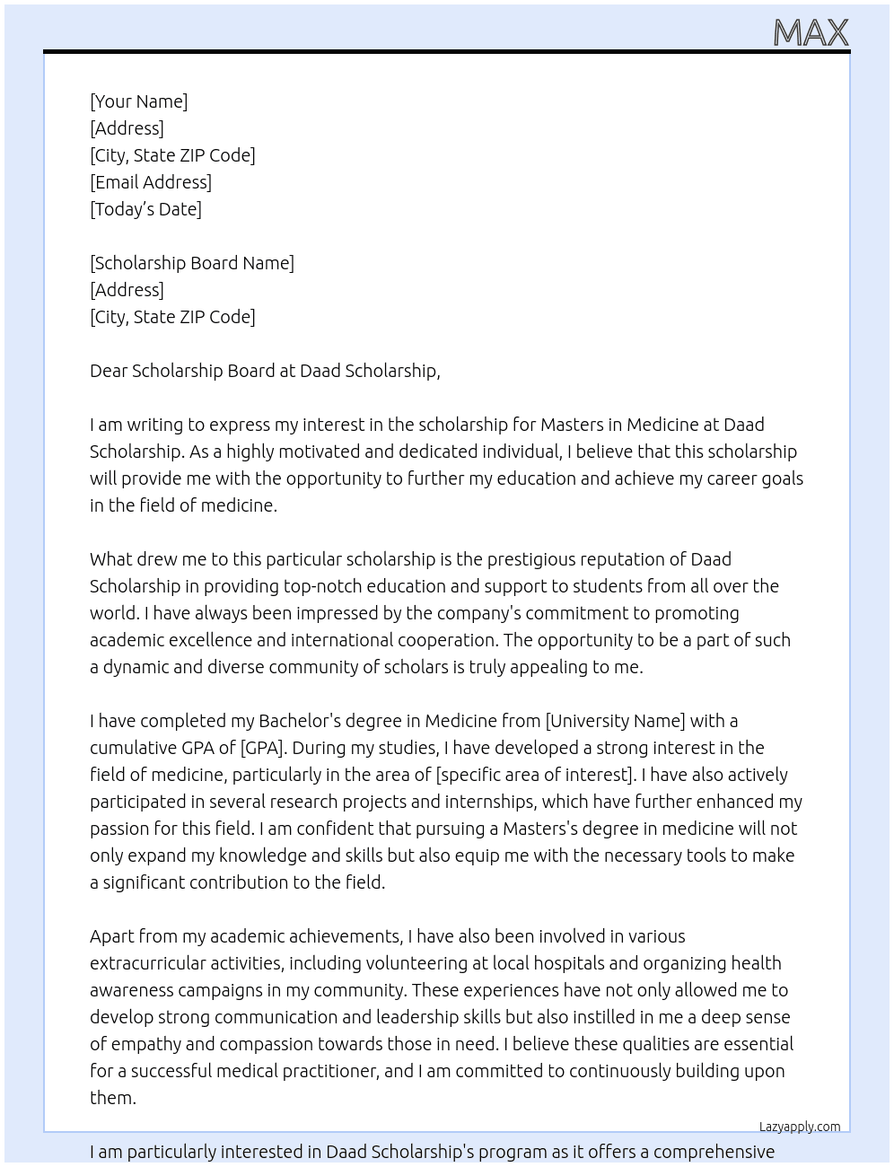scholarshio for masters in medicine At Daad scholarship Cover Letter