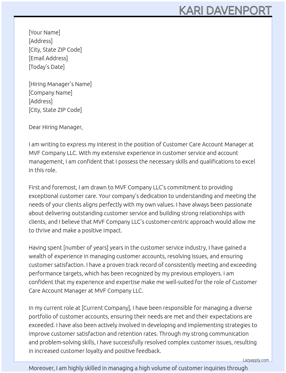 Customer Care Account Manager At MVF Company LLC Cover Letter