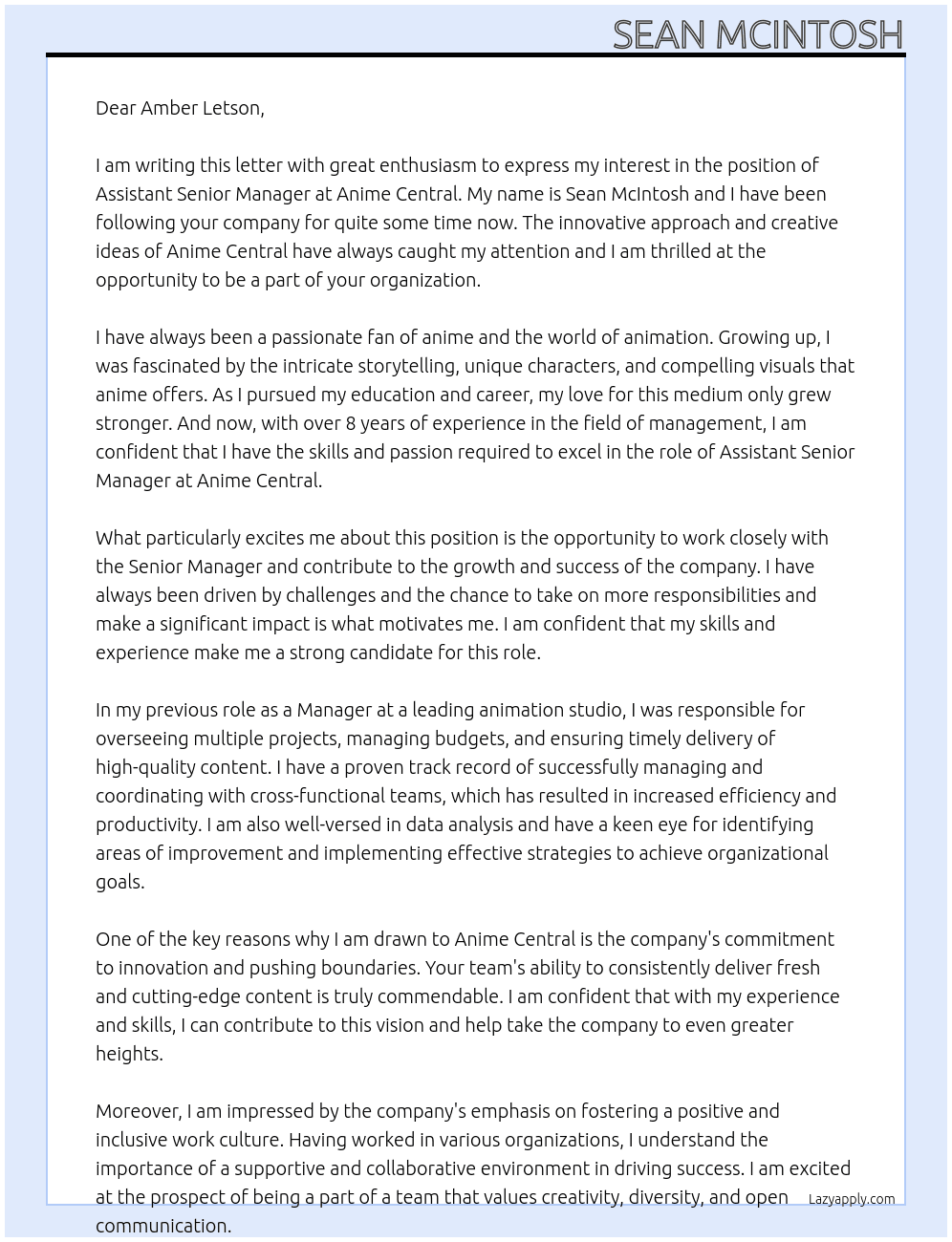 Assistant Senior Manager At Anime Central Cover Letter