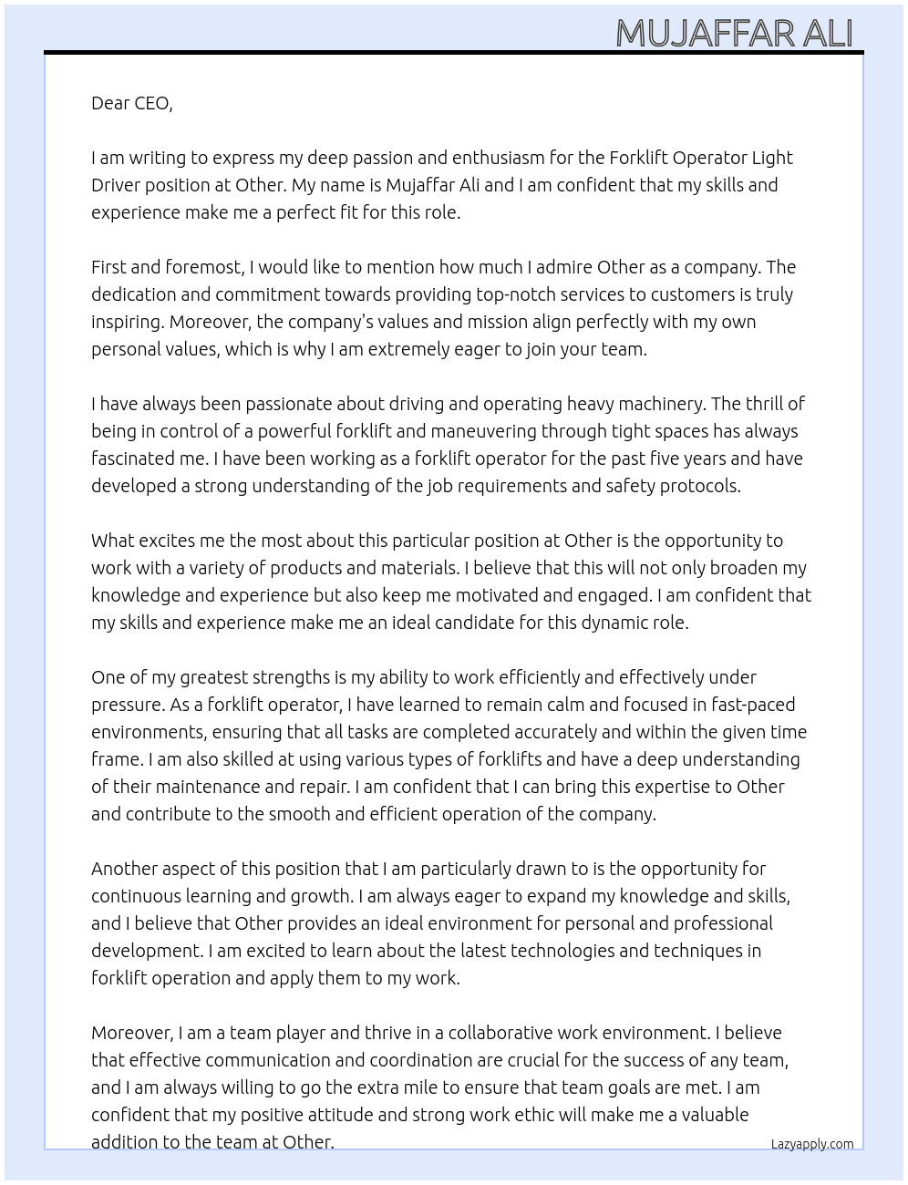 Forklift operator light driver At Other  Cover Letter